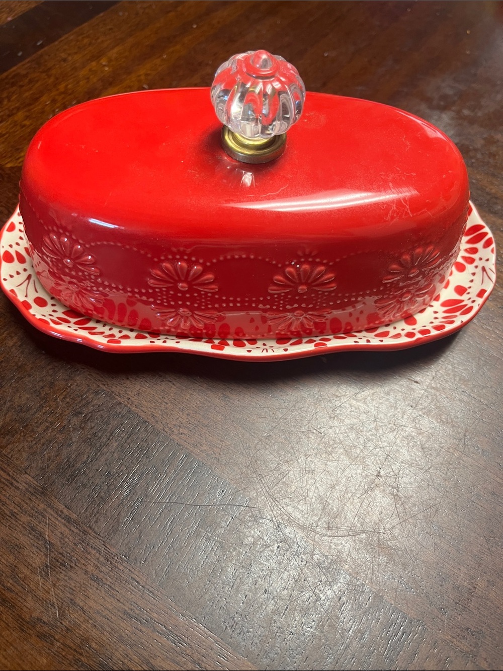 The Pioneer Woman Red Ceramic Butter Dish with Glass Knob